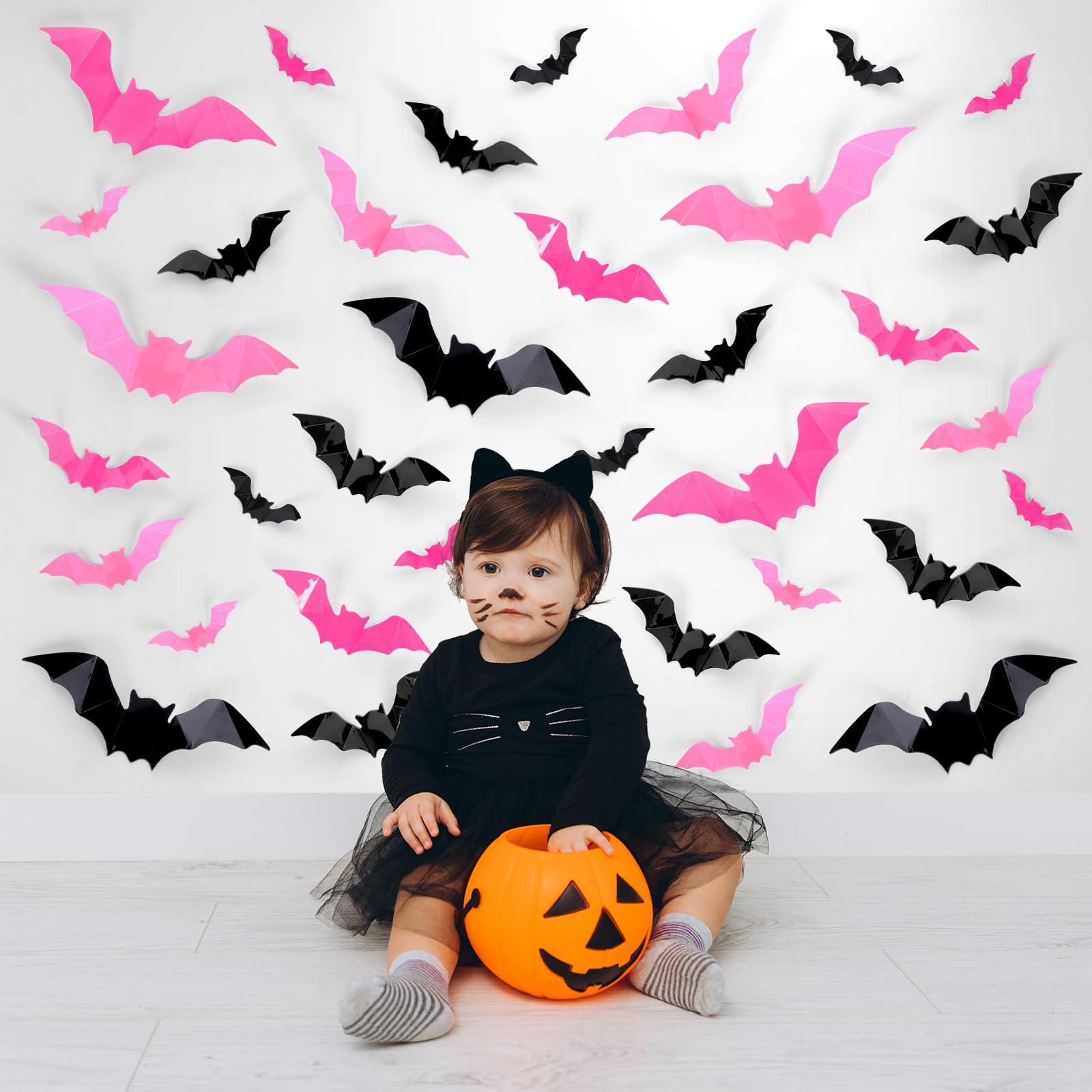 Whaline 112Pcs Halloween Wall Decoration 3D Bats with Foam Adhesive Black Pink Rose Red Waterproof Spooky Bats Stickers Hocus Pocus Party Supplies for Halloween Home Wall Window Door Decor, 4 Sizes