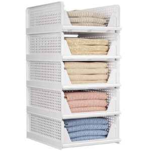 5 Pack Folding Closet Organizers Storage Box, Stackable Storage Bins, Plastic Drawer Basket Closet Storage for Wardrobe Cupboard Kitchen Bathroom Office White-5L