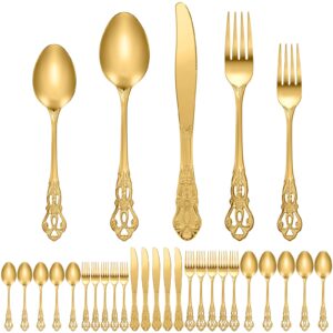 dandat 30 pcs retro silverware set stainless steel flatware set anti rust utensils set mirror polished cutlery include spoon fork knife for dinnerware wedding birthday party favor (gold)