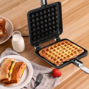 LEYSRIS Non-stick Double side Waffle Baking Mold, Portable Camping Waffle Pan Cookware Waffle Press Plate Cooking Baking Tool for Stovetop Campfire (11.8 x 5.7 x 1.2in)