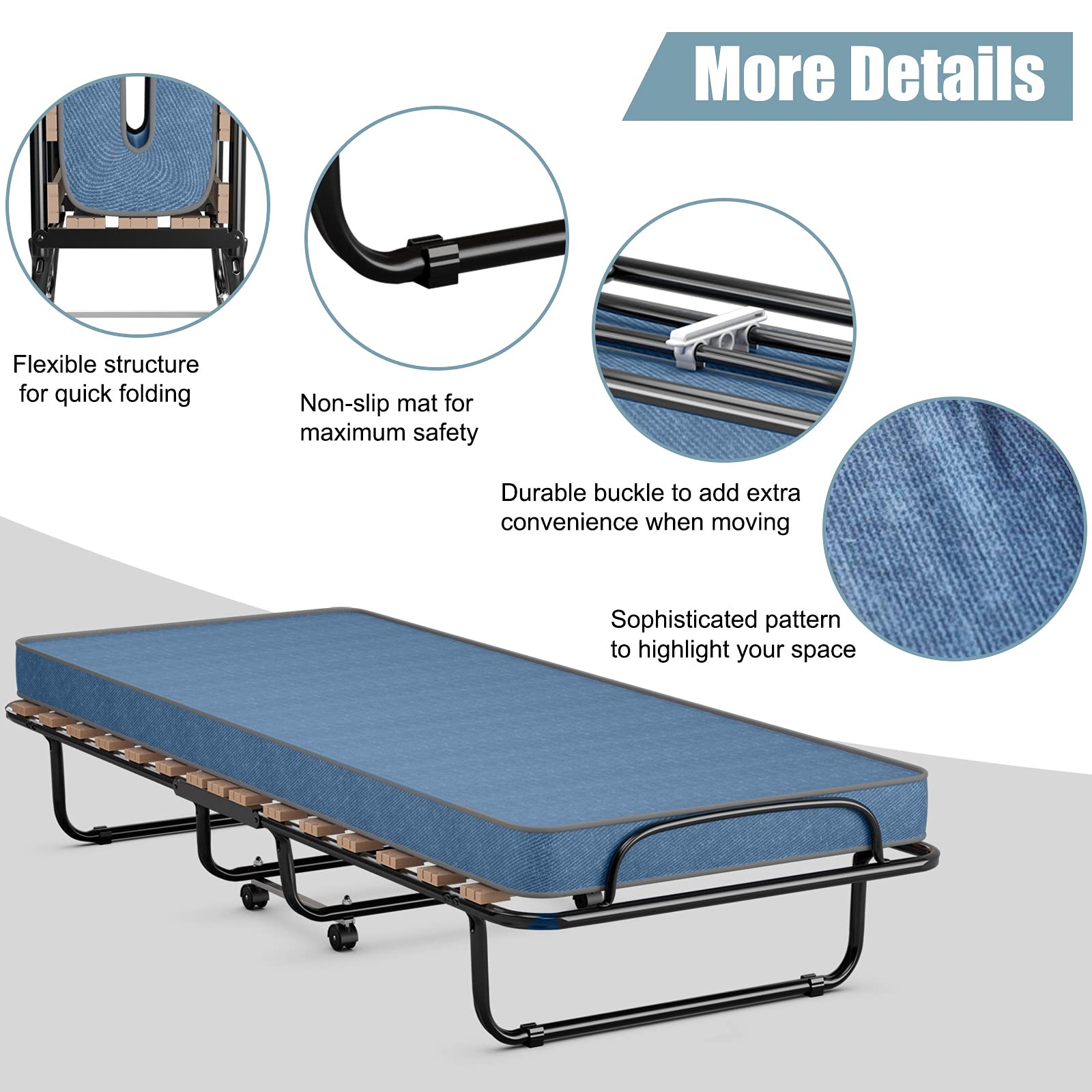 KOMFOTT Folding Rollaway Bed with Mattress, Foldable Bed with Memory Foam Mattress for Adults, Portable Fold Up Guest Bed with Sturdy Steel Frame on Wheels for Home & Office, Made in Italy (Navy Blue)