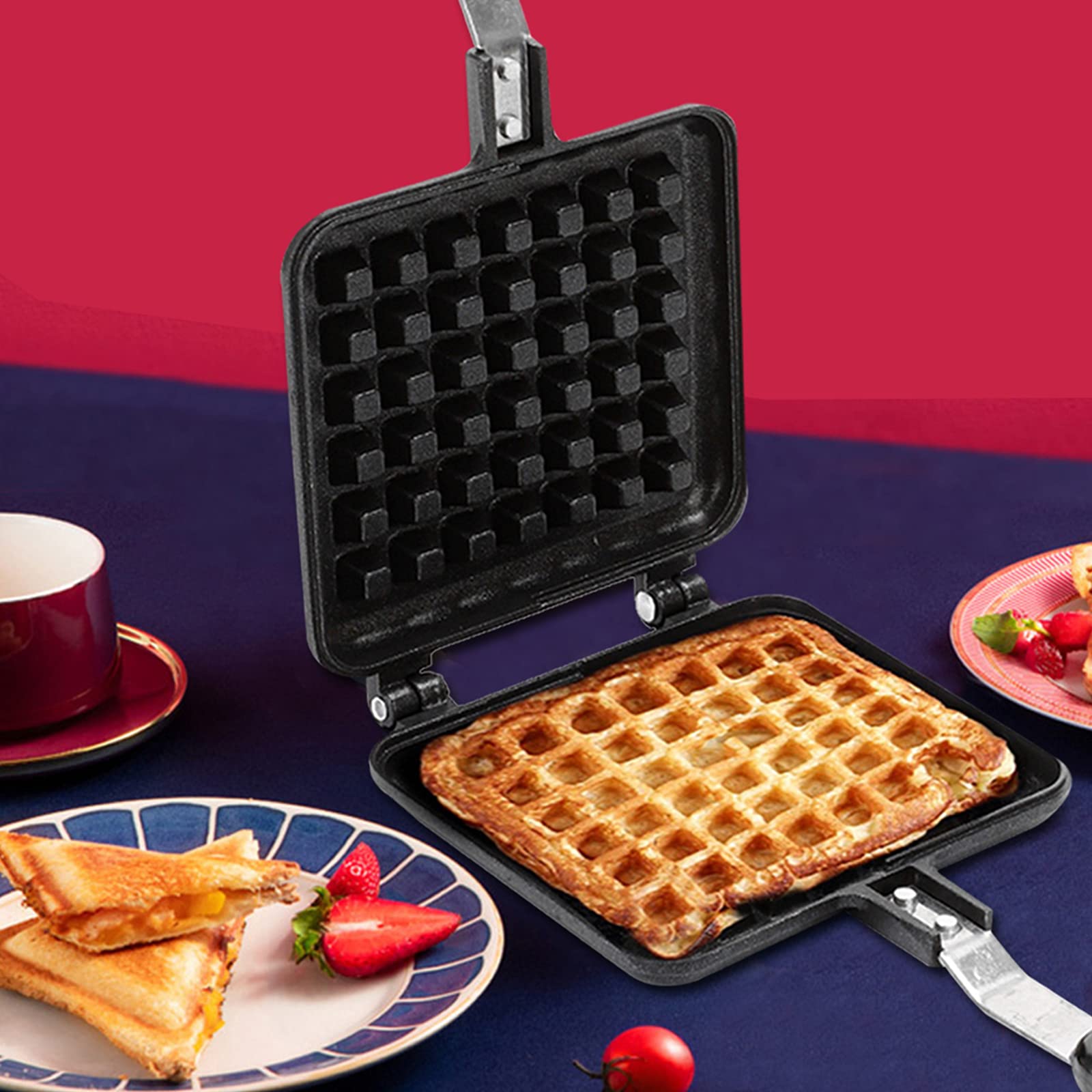 LEYSRIS Non-stick Double side Waffle Baking Mold, Portable Camping Waffle Pan Cookware Waffle Press Plate Cooking Baking Tool for Stovetop Campfire (11.8 x 5.7 x 1.2in)