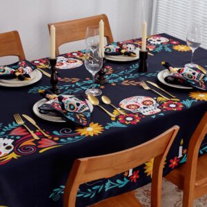 YiHomer Day of The Dead Halloween Tabletop - Dia De Los Muertos Floral Skeleton Mask, Cinco De Mayo Mexican Fiesta Party Home Kitchen Dining Room Decor, Sugar Skull, Tablecloth, 52 x 52 Square