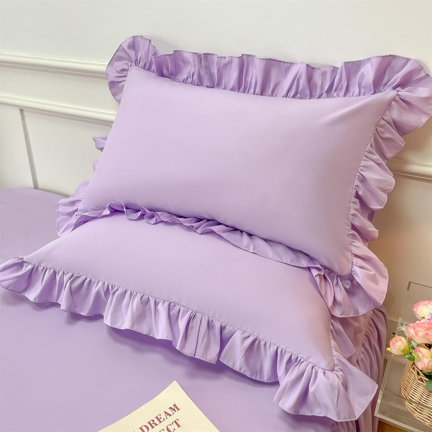 MOOWOO Girls Bedding,Waterfall Ruffle Duvet Cover -Twin 2 Piece Shabby Chic Bedding Solid Color Soft and Breathable with Zipper Closure,Corner Ties,Aesthetic Bedding-Purple,Twin