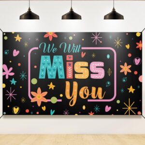 we will miss you backdrop, going away party decorations, farewell photo booth props banner for graduation, goodbye, retirement party decorations, sturdy, vibrant colors, fabric, phxey