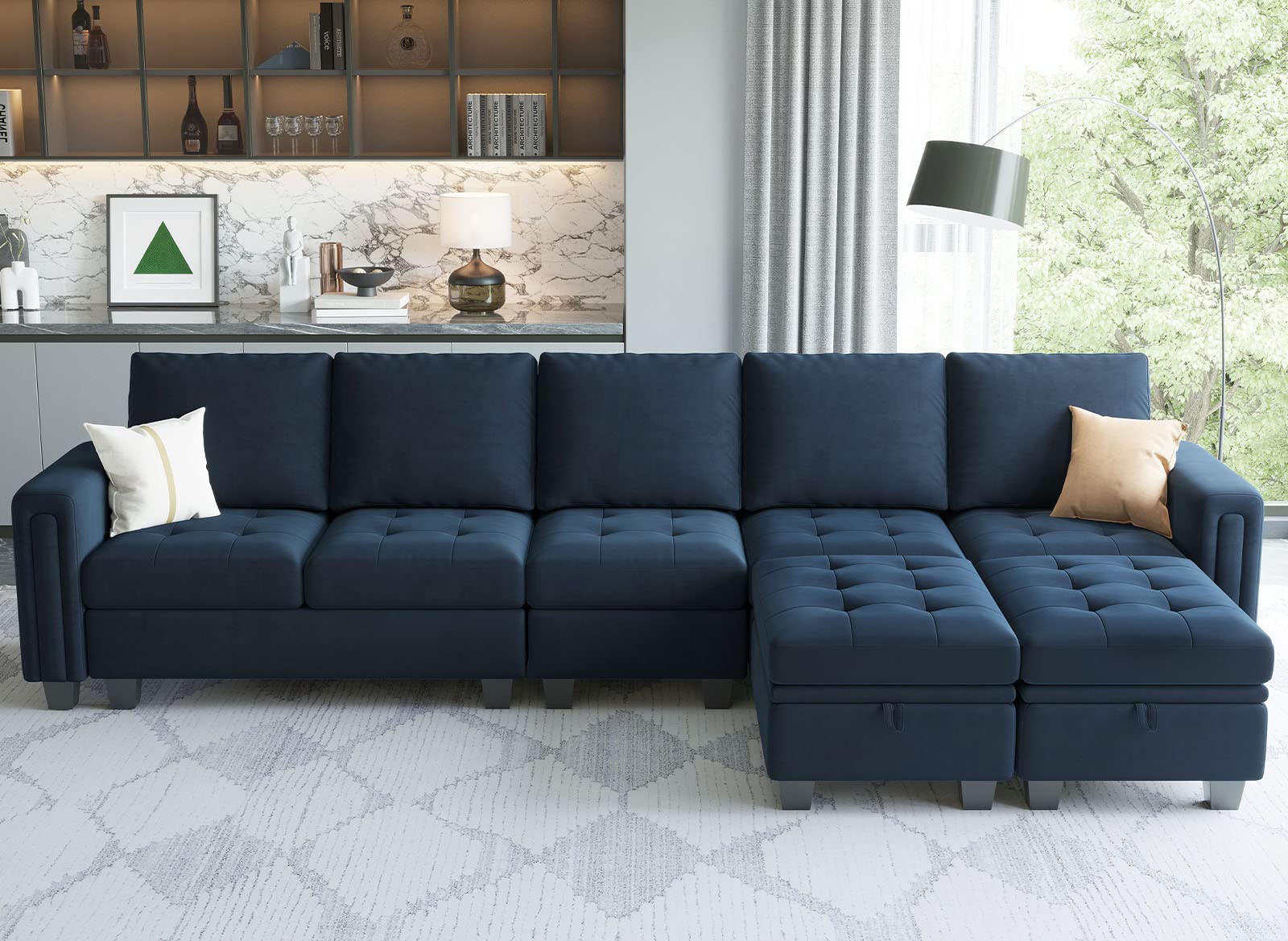 Belffin Large Velvet L Shaped Sectional Sofa Couch with Reversible Double Chaises Modular Sectional Sofa Couch with Storage Ottomans Convertible Sectional Sofa Blue