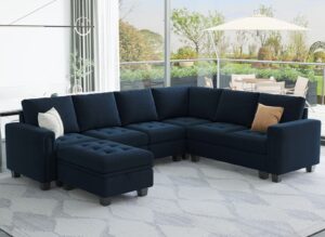 belffin velvet modular sectional sofa with storage ottoman 6 seater l shaped sectional modular sofa couch with reversible chaise convertible corner sectional couch blue