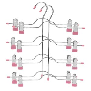 Solid Metal Skirt Hangers 4 Tier Pants Shorts Hangers Space Saving Hangers with Adjustable Clips Non Slip Grip for Slacks, Trousers, Shorts, Jeans, Towels, Pink, (2 Pieces) HL04P