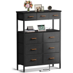 aodk dresser with charging station, 52 inches tall dresser for bedroom with 9 storage drawers, large fabric dressers for hallway, dark grey