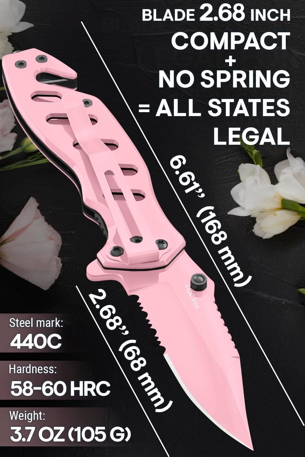 Pink Pocket Knife for Women - Legal Small Knife - 2.68 Inch Serrated Blade - Womens Knife for Self Defense - Cute Girl Survival Tool Pocket & Folding Knives - Mothers Day Gift Idea - 6655 P