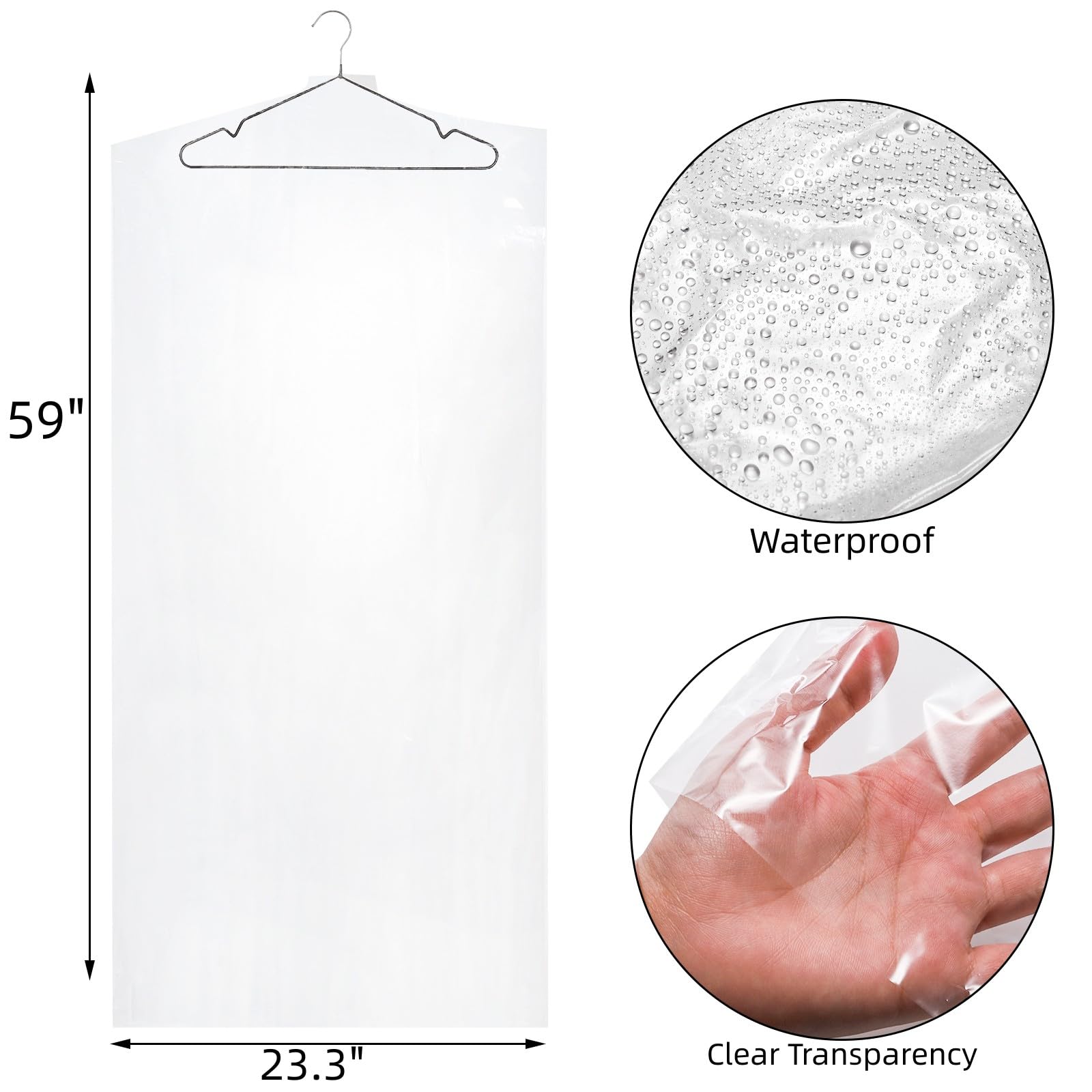 AVLA 50 Pack Plastic Garment Bags, Clear Dry Cleaner Bags, Dry Cleaning Hanging Clothes Cover, Transparent Coat Suit Dust Cover Protector Bag for Closet Storage, Home, Laundry, Laundrette, 23 x 59 In