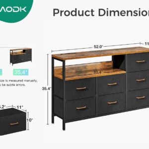 AODK Dresser with Charging Station, 52-Inch Long Dresser for Bedroom with 7 Large Fabric Drawers, Dresser TV Stand with Open Shelves for 55-Inch TV, Vintage