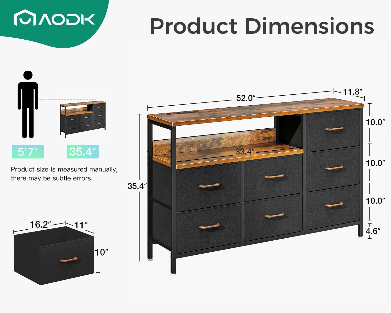 AODK Dresser with Charging Station, 52-Inch Long Dresser for Bedroom with 7 Large Fabric Drawers, Dresser TV Stand with Open Shelves for 55-Inch TV, Vintage