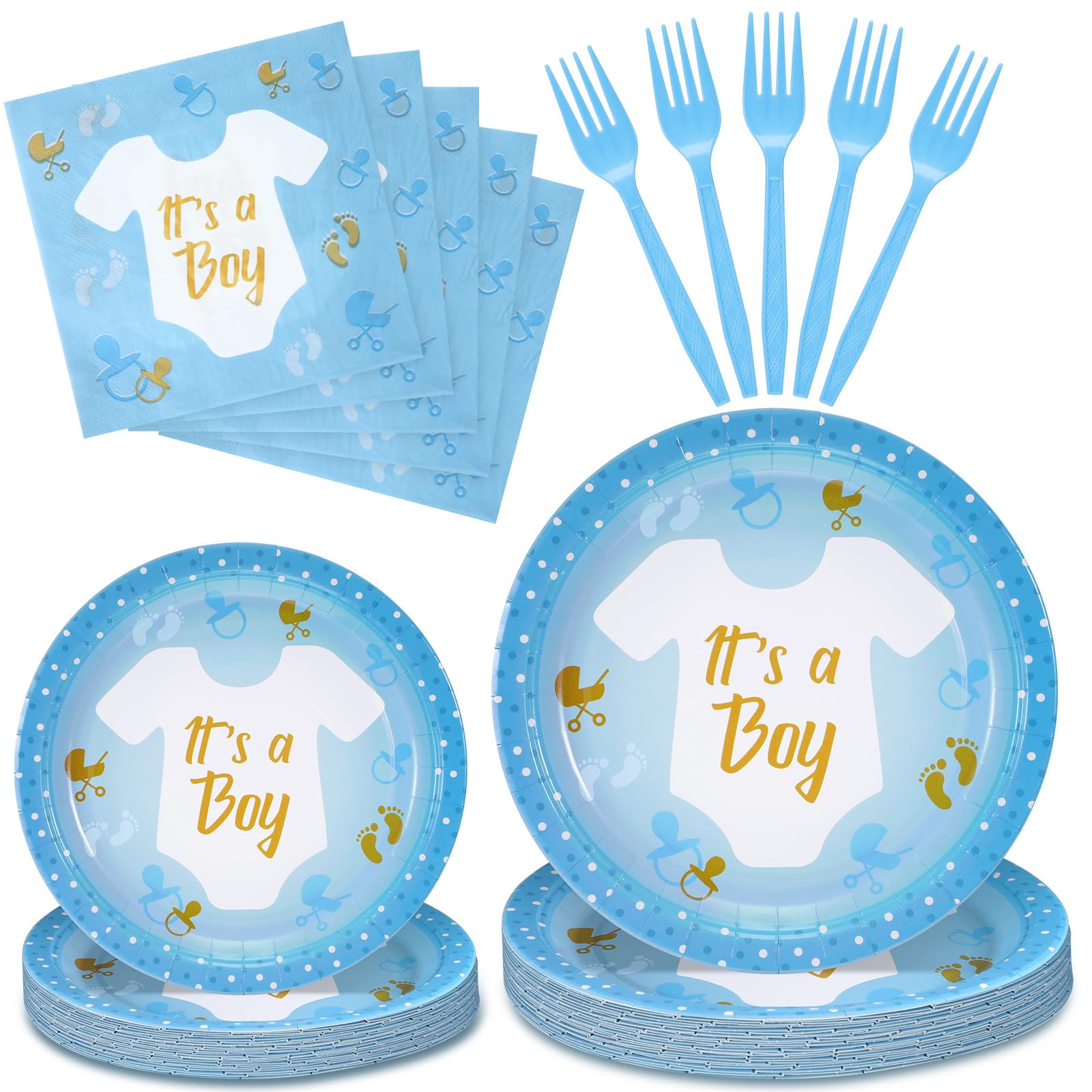 Tanlade 24 Sets Boy Baby Shower Plates and Napkins It's a Boy Plates and Napkins Disposable Baby Shower Party Supplies 48 Paper Plates 24 Forks 50 Napkins for Boys Gender Reveal Birthday