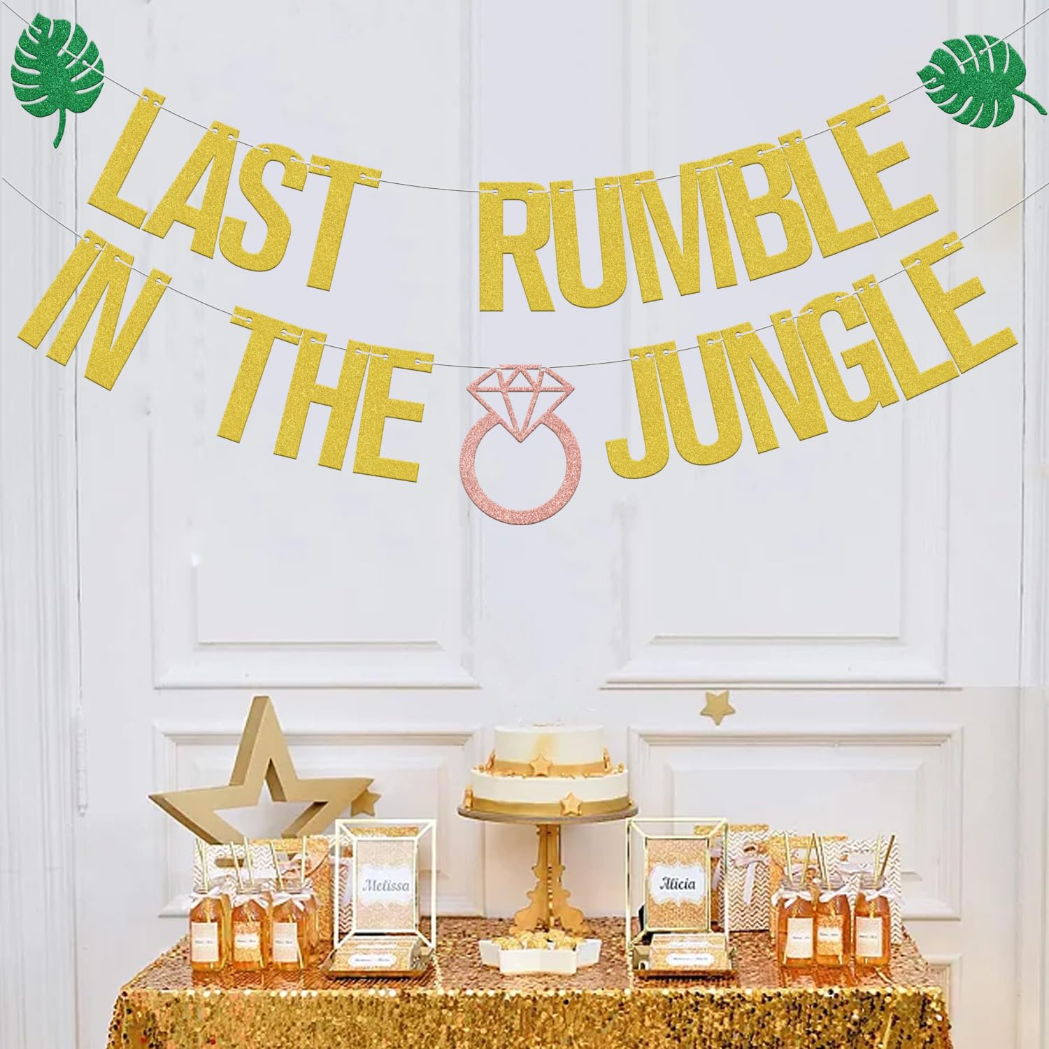 Last Rumble Banner, Jungle Bachelorette Decorations, Let's Get Wild Banner, Tropical Jungle Theme Bridal Shower Party Decors Supplies Gold & Green Glitter