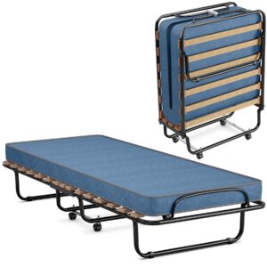 komfott folding rollaway bed with mattress, foldable bed with memory foam mattress for adults, portable fold up guest bed with sturdy steel frame on wheels for home & office, made in italy (navy blue)