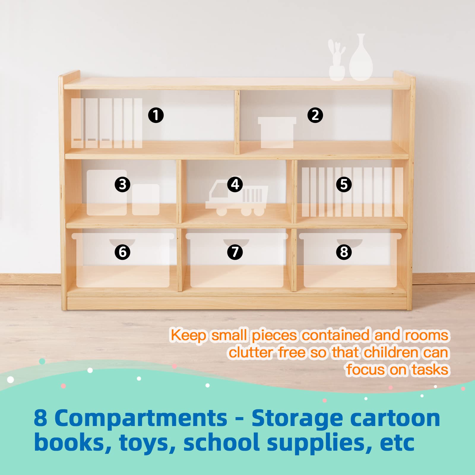 OOOK Montessori Shelf Toy Organizers and Storage, 31.5" H, 8-Compartment Wood Storage Cabinet, Montessori Bookshelf for Kids Room, Playroom, Nursery, Classroom, Kindergarten