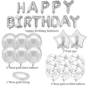 Birthday Party Decorations, Silver Set 15pcs - Happy Birthday Banner, Heart Star Balloons, Foil Confetti Balloons, 16th 18th 21th 30th 40th 50th 60th 70th Birthday Decorations Supplies (Silver)