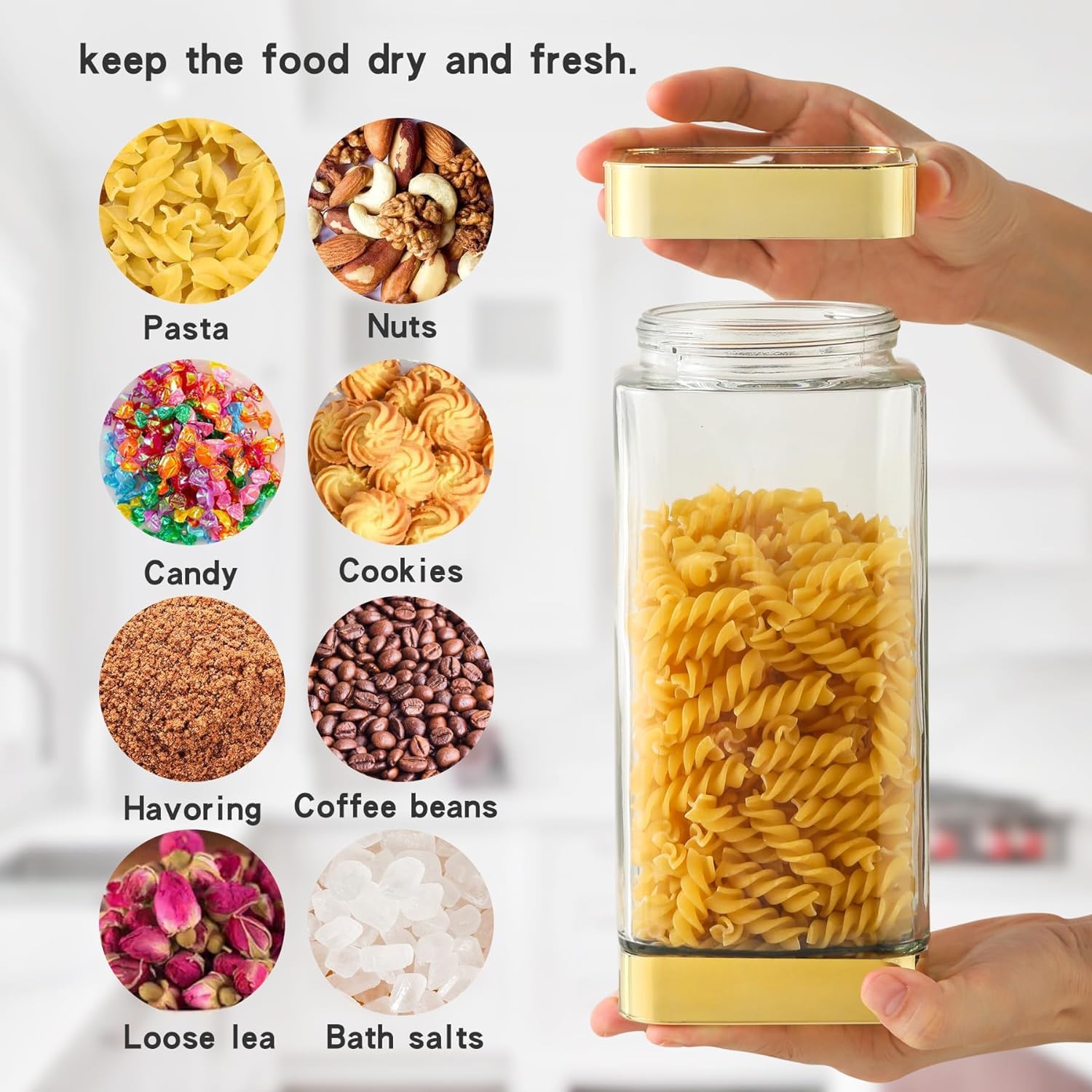 BETTWILL Glass Storage Jars-Large Kitchen Glass Canisters with Airtight Lids -Coffee Pasta Sugar Tea Snack Nuts Cookie Flour Food Container - Set of 3-Gold Color.