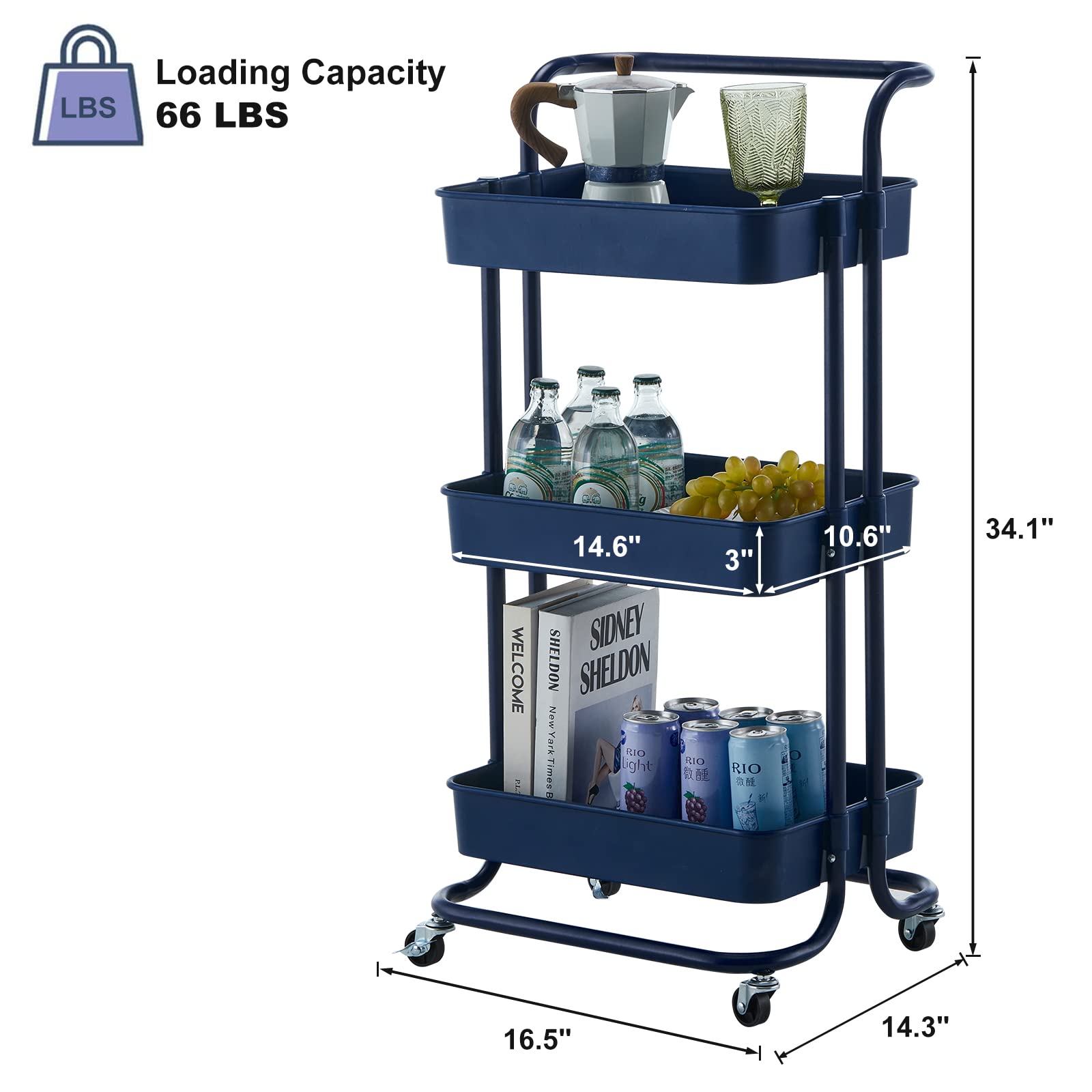 TUKAILAi 3-Tier Rolling Storage Cart with Lockable Wheels and Ergonomic Handle, Slide Out Utility Shelving Unit Organizer Serving Trolley Clearing for Kitchen Bathroom Laundry Bedroom (Dark Blue)