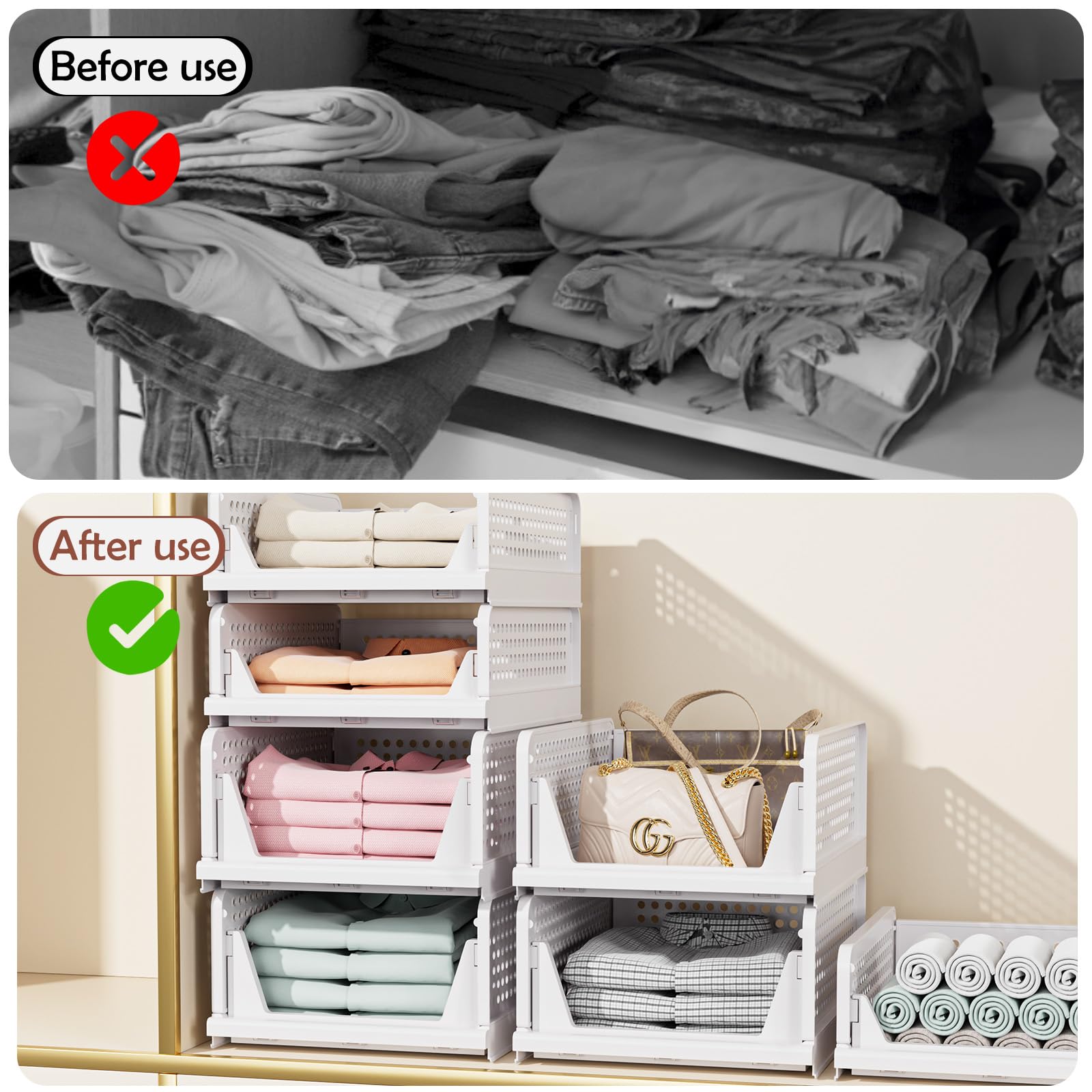 5 Pack Folding Closet Organizers Storage Box, Stackable Storage Bins, Plastic Drawer Basket Closet Storage for Wardrobe Cupboard Kitchen Bathroom Office White-5L