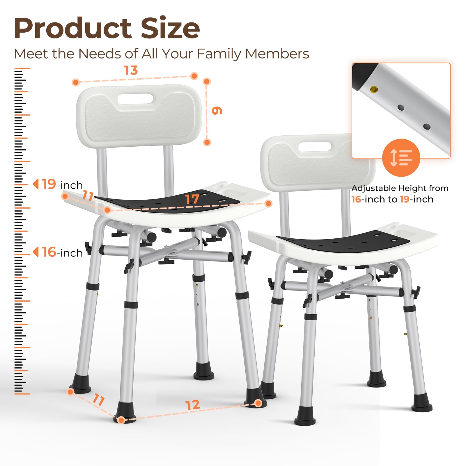 WAYES Shower Chair with Back - Narrow Shower Chair for Elderly and Disabled, Up to 500 Lbs, Heavy-Duty, Adjustable