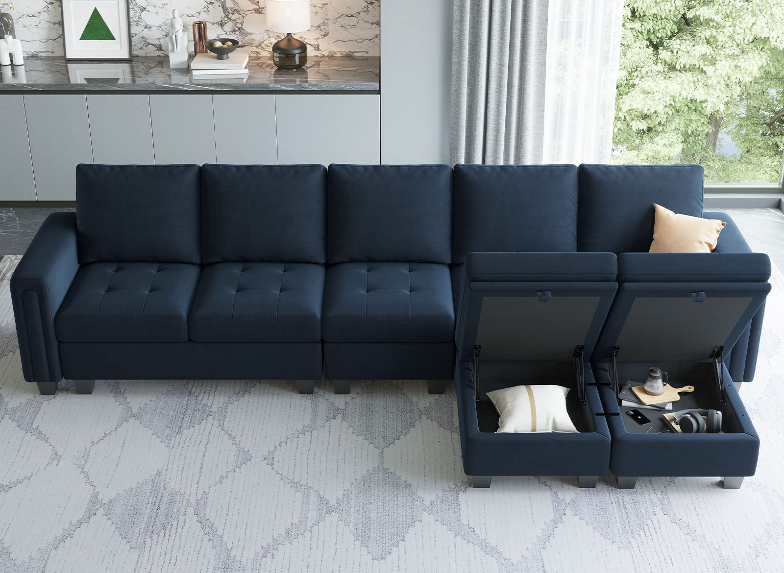 Belffin Large Velvet L Shaped Sectional Sofa Couch with Reversible Double Chaises Modular Sectional Sofa Couch with Storage Ottomans Convertible Sectional Sofa Blue