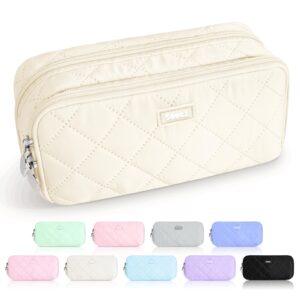 sooez large pencil case pouch,extra big pencil bag with 8 compartments,pen bag wide opening,soft quilted pencil pouch organizer with zipper,portable pencil case for teen girls,beige