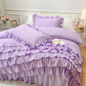 MOOWOO Girls Bedding,Waterfall Ruffle Duvet Cover -Twin 2 Piece Shabby Chic Bedding Solid Color Soft and Breathable with Zipper Closure,Corner Ties,Aesthetic Bedding-Purple,Twin