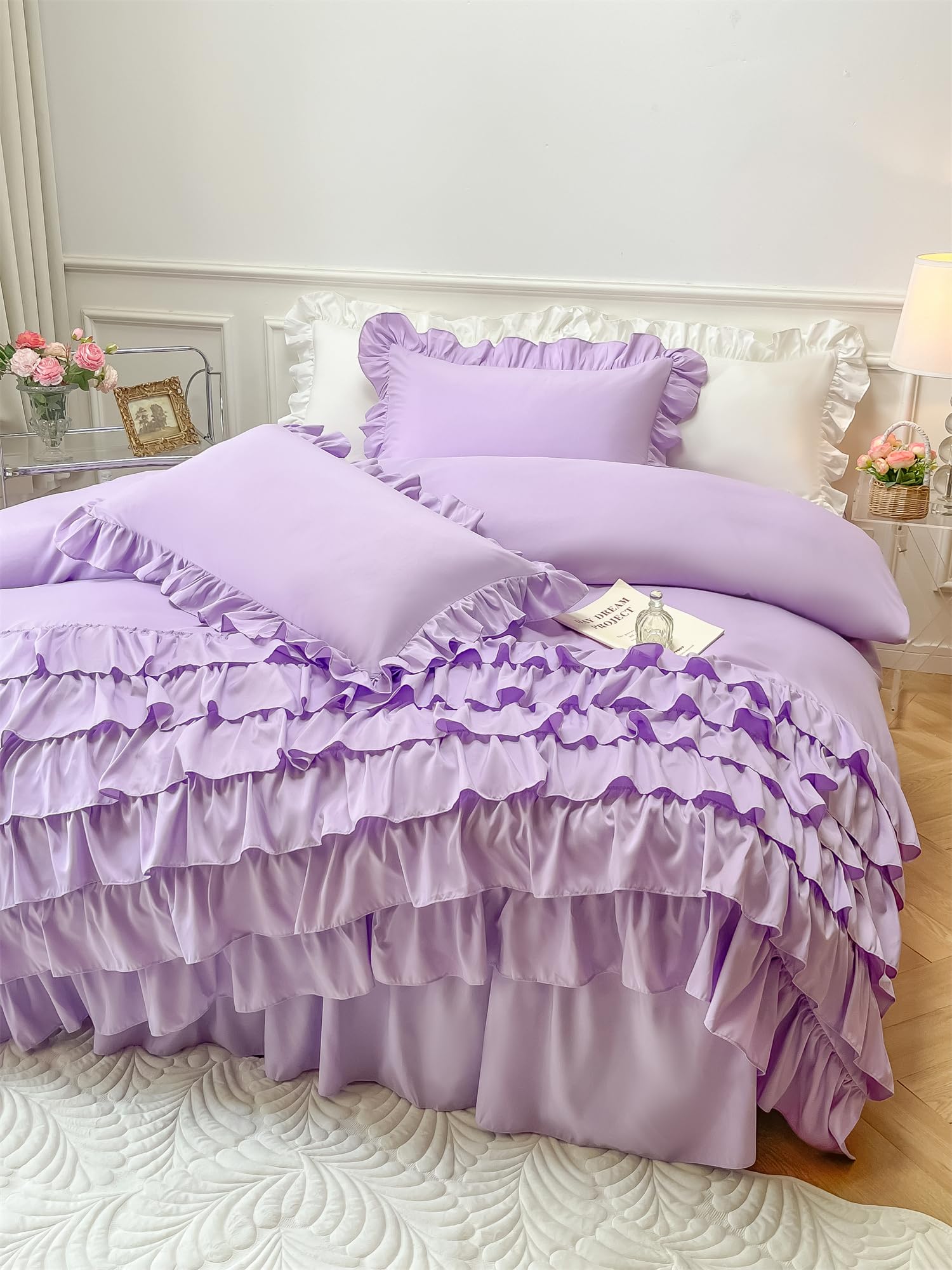 MOOWOO Girls Bedding,Waterfall Ruffle Duvet Cover -Twin 2 Piece Shabby Chic Bedding Solid Color Soft and Breathable with Zipper Closure,Corner Ties,Aesthetic Bedding-Purple,Twin