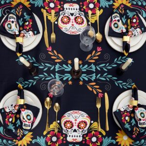 YiHomer Day of The Dead Halloween Tabletop - Dia De Los Muertos Floral Skeleton Mask, Cinco De Mayo Mexican Fiesta Party Home Kitchen Dining Room Decor, Sugar Skull, Tablecloth, 52 x 52 Square