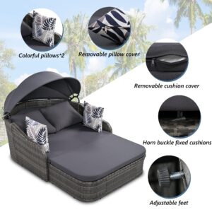 Bellemave Outdoor Patio Sunbed Daybed with Adjustable Canopy,PE Wicker Rattan Daybed Double Chaise Lounger with Cushions and Pillows for Garden, Backyard(Gray)