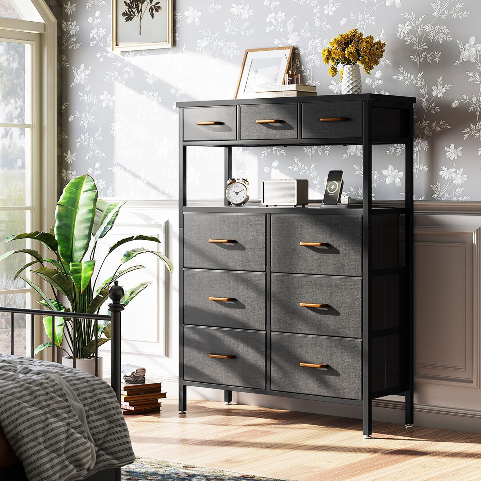 AODK Dresser with Charging Station, 52 Inches Tall Dresser for Bedroom with 9 Storage Drawers, Large Fabric Dressers for Hallway, Dark Grey