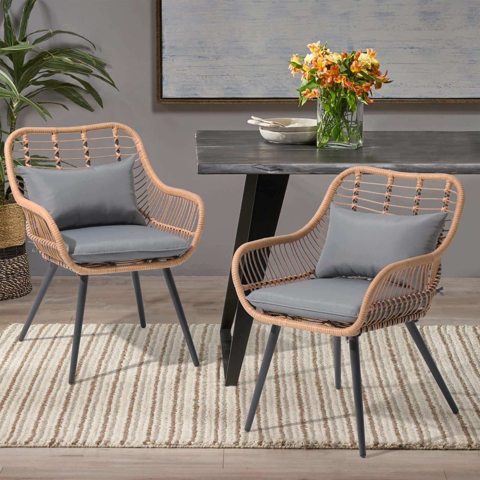 Verano Garden Set of 2 Patio Dining Chairs, Outdoor Wicker Seating Set with Soft Cushion for Indoor & Outdoor Use, Modern Wicker Dining Chairs for Backyard