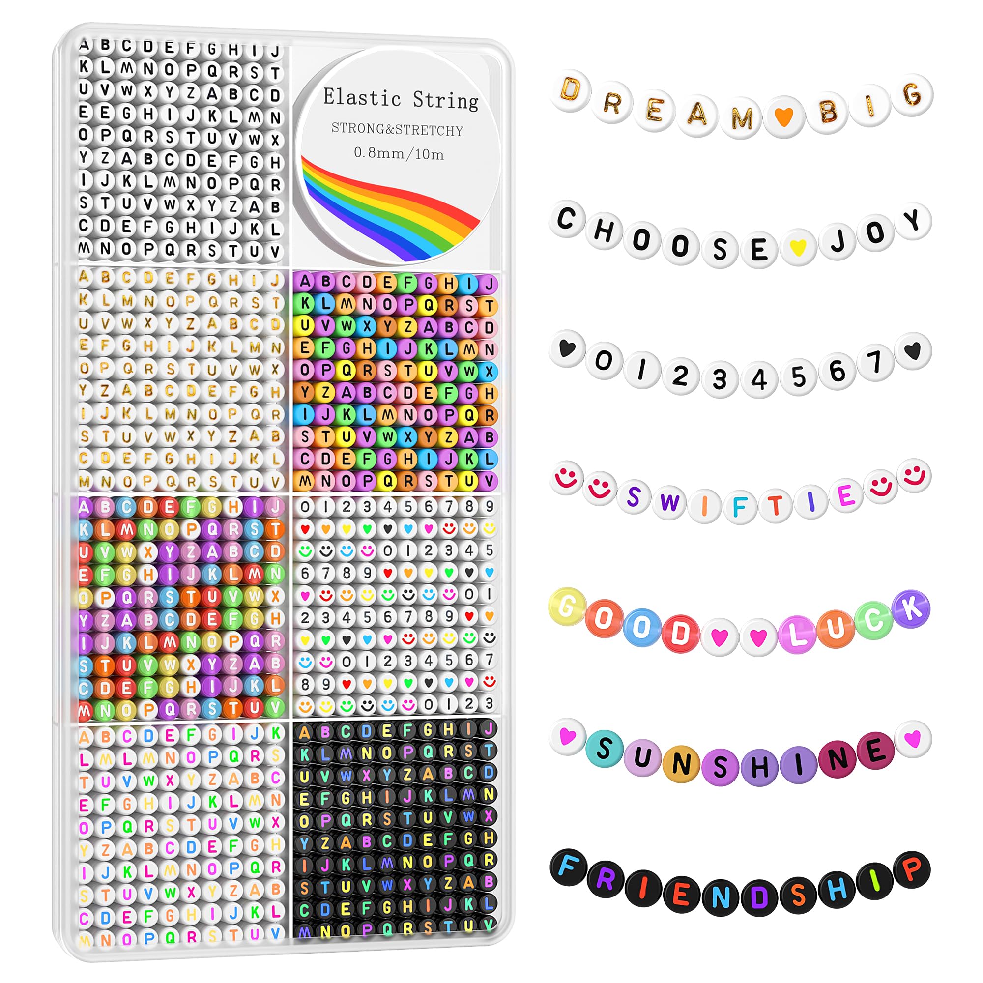 Redtwo 1600 Pcs Letter Beads Kit, 6 Styles of Colorful Alphabet Beads for Bracelet, Number Beads Smiley Face Beads Heart Beads and a Roll of Elastic String for Friendship Bracelet Kit.