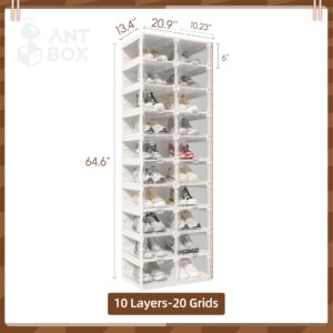 ANTBOX Foldable Shoe Rack,Shoe Organizers for Closet Plastic Shoe Storage Box Space Saving for Entryway, Large Sturdy Stackable Sneaker Cabinet Bins with Magnetic Clear Door 10 Tiers 20 Pairs