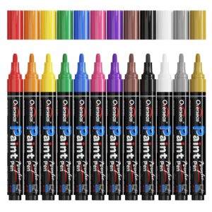 paint marker pens - 12 colors permanent acrylic markers, medium tip, water based, quick dry, waterproof paint pen set for rock, wood, plastic, metal, canvas, glass, fabric, mug, stone