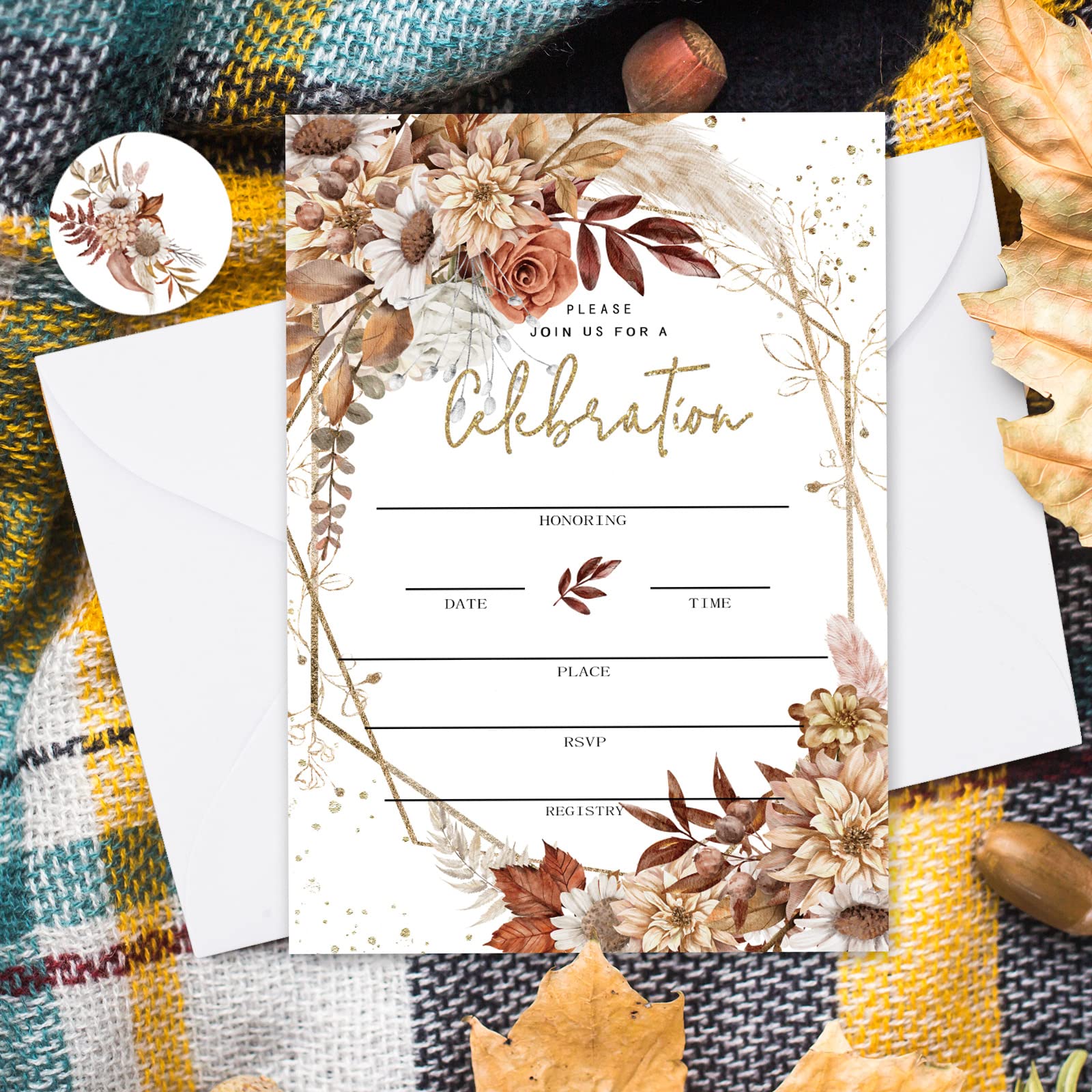 AnyDesign Boho Floral Invitations 20 Sets Rustic Floral Cards with Envelopes Stickers Watercolor Blank Invites for Baby Shower Wedding Birthday Dinner Party, 5 x 7 Inch