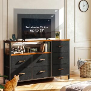 AODK Dresser with Charging Station, 52-Inch Long Dresser for Bedroom with 7 Large Fabric Drawers, Dresser TV Stand with Open Shelves for 55-Inch TV, Vintage