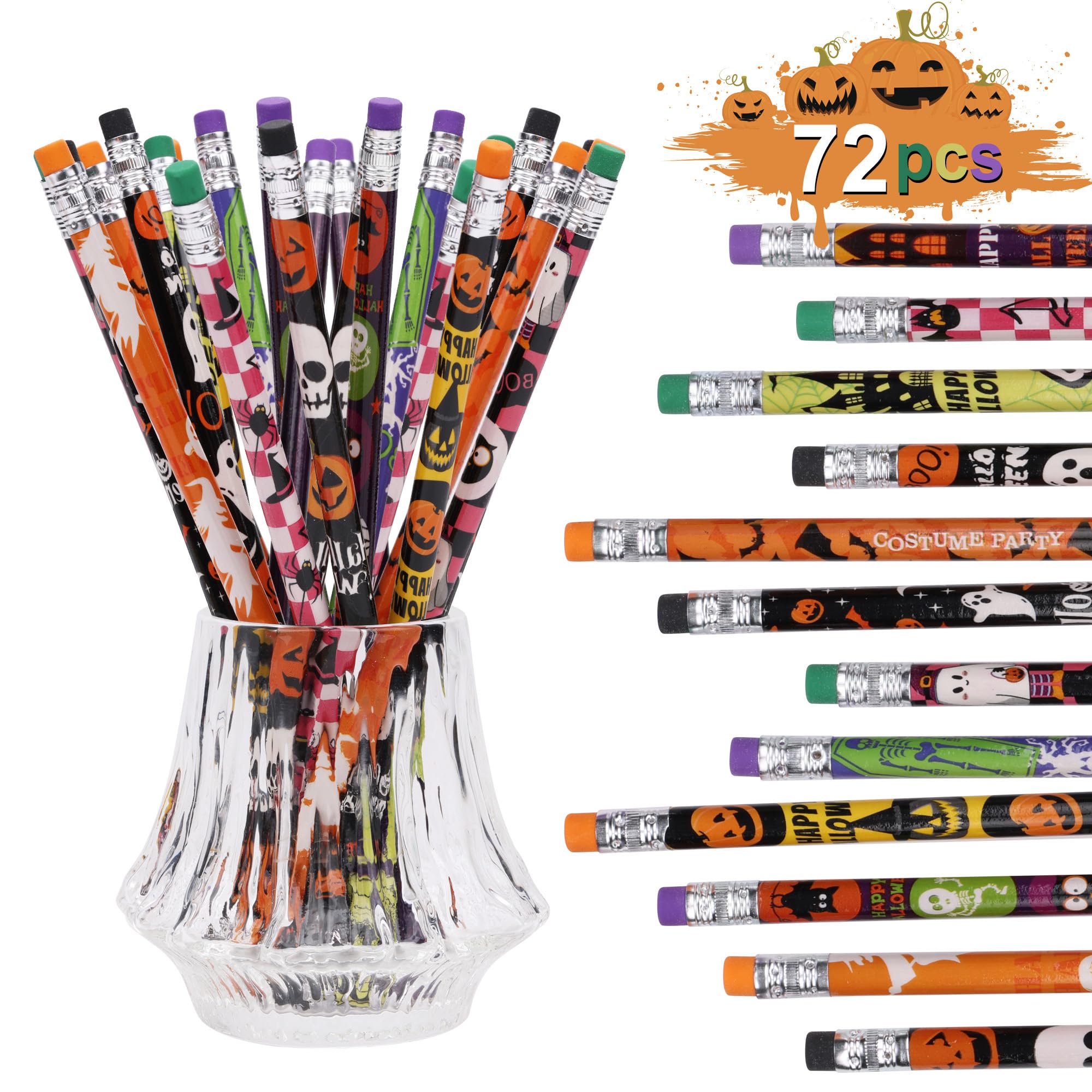 xutengy 72Pcs Halloween Pencils Stationery Party Favors Set， Halloween Themed Pencil Set Gifts Kit for Kids Halloween Party Supplies, Classroom Rewards, Trick or Treat Prizes