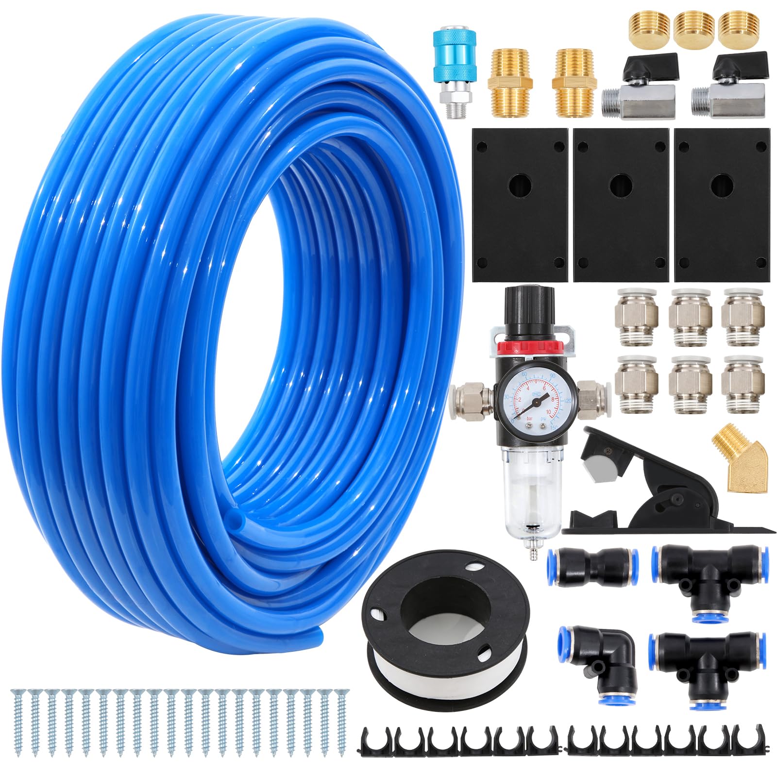 Shop Air Line Kit,Blue 1/2 Inch 100ft PU Air Tubing Kit, Hose Air Line TubingOr Fluid Transfer Pneumatic tubing with Push to Connect Fittings