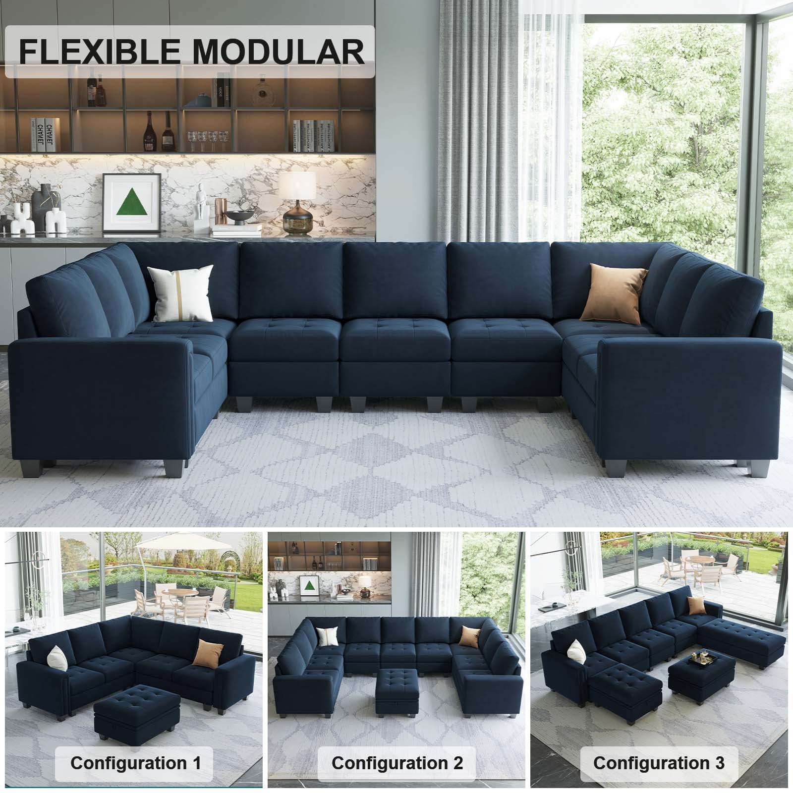 Belffin Oversized Velvet Modular 9 Seater U-Shape Sectional Sofa Set with Chaise Convertible sectional Sofa Couch Set Modular Couch Corner U Shaped Sectoional Sofa Blue