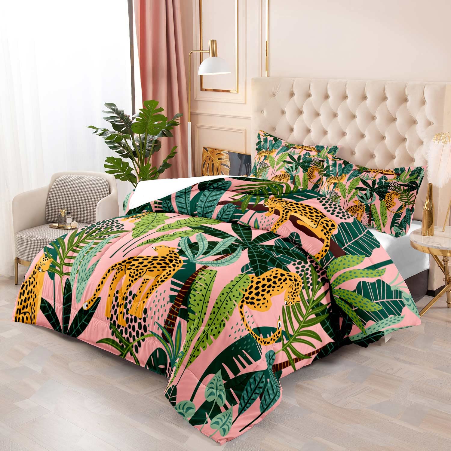 LUVIVIHOME 3PCS Cute Leopard Comforter Set Queen Size, Tropical Jungle Bedding Sets Pink Quilt, African Safari Wild Animal Cheetah Cartoon Kids Bedroom Decor for Girls Women, 2 Pillow Shams