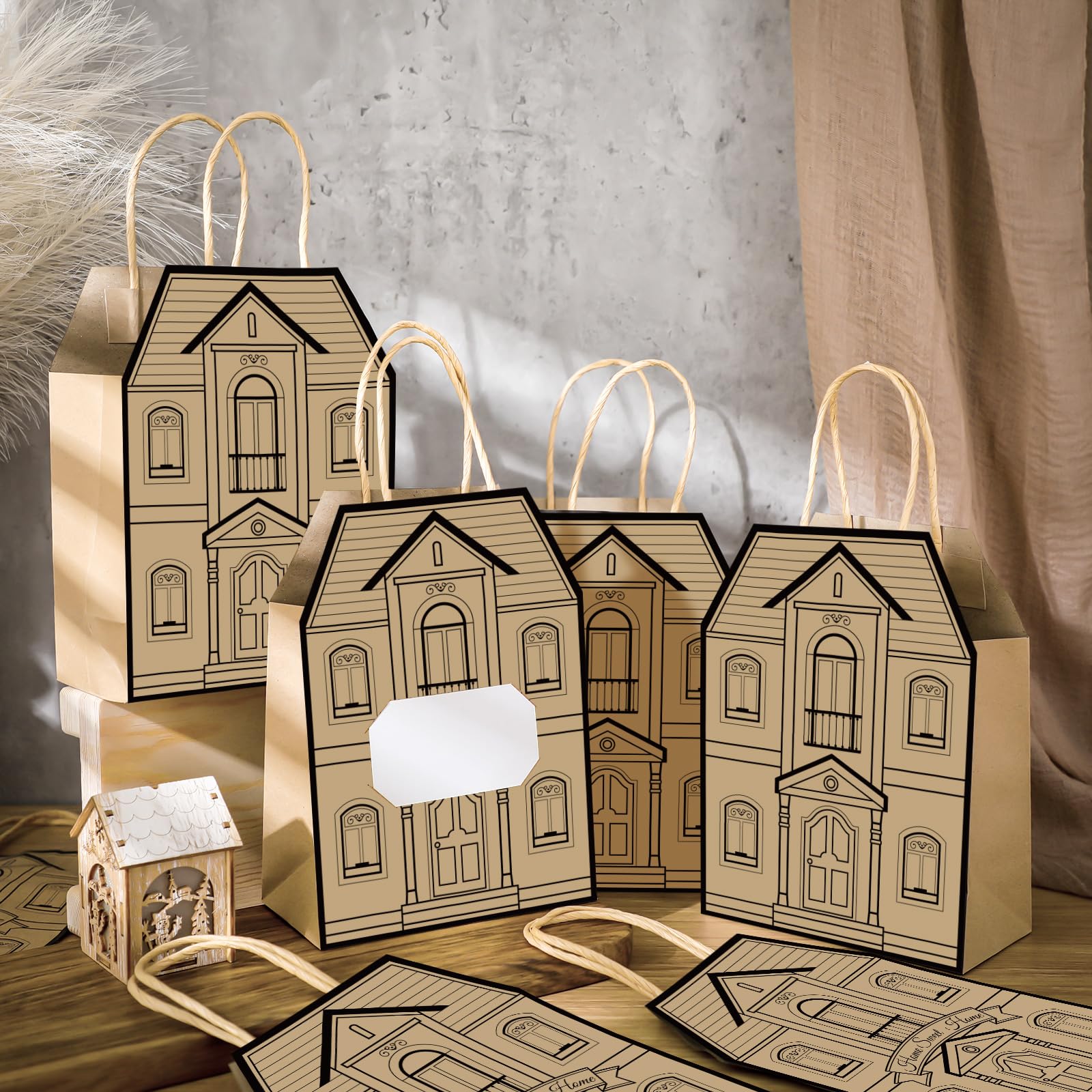 Colarr 50 Pcs Real Estate Agent Supplies House Shaped Gift Bag 5.25 x 3.25 x 8.25 Inch Real Estate Bag with Handles Kraft Real Estate Agent Gift Bags for Real Estate Favor Home Gift (Brown)