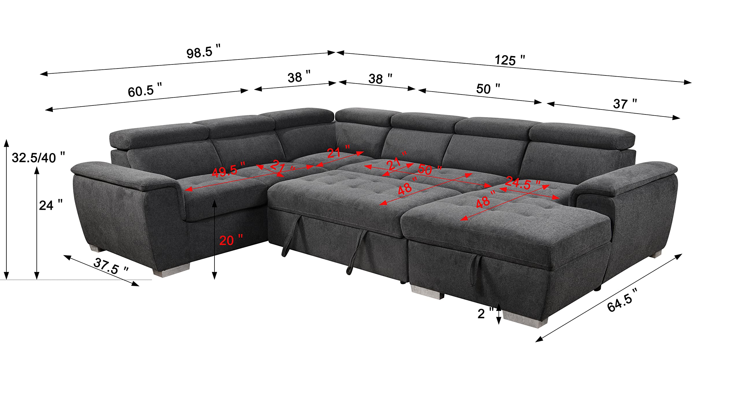 THSUPER 125'' U Shaped Sectional Sleeper Sofa with Pull Out Bed, Storage Chaise Lounge, and Adjustable Headrest, U Shaped Sectional Couches for Living Room - Dark Grey