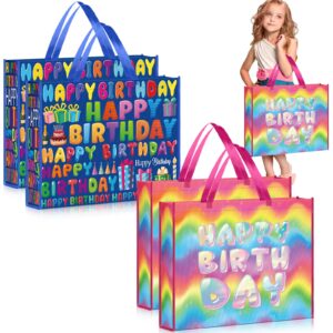 kajaia gift bags, 4 pcs extra large birthday party favor supplies, non woven fabric, reusable, colorful designs, 16 x 20 inch, for baby shower, kids, events