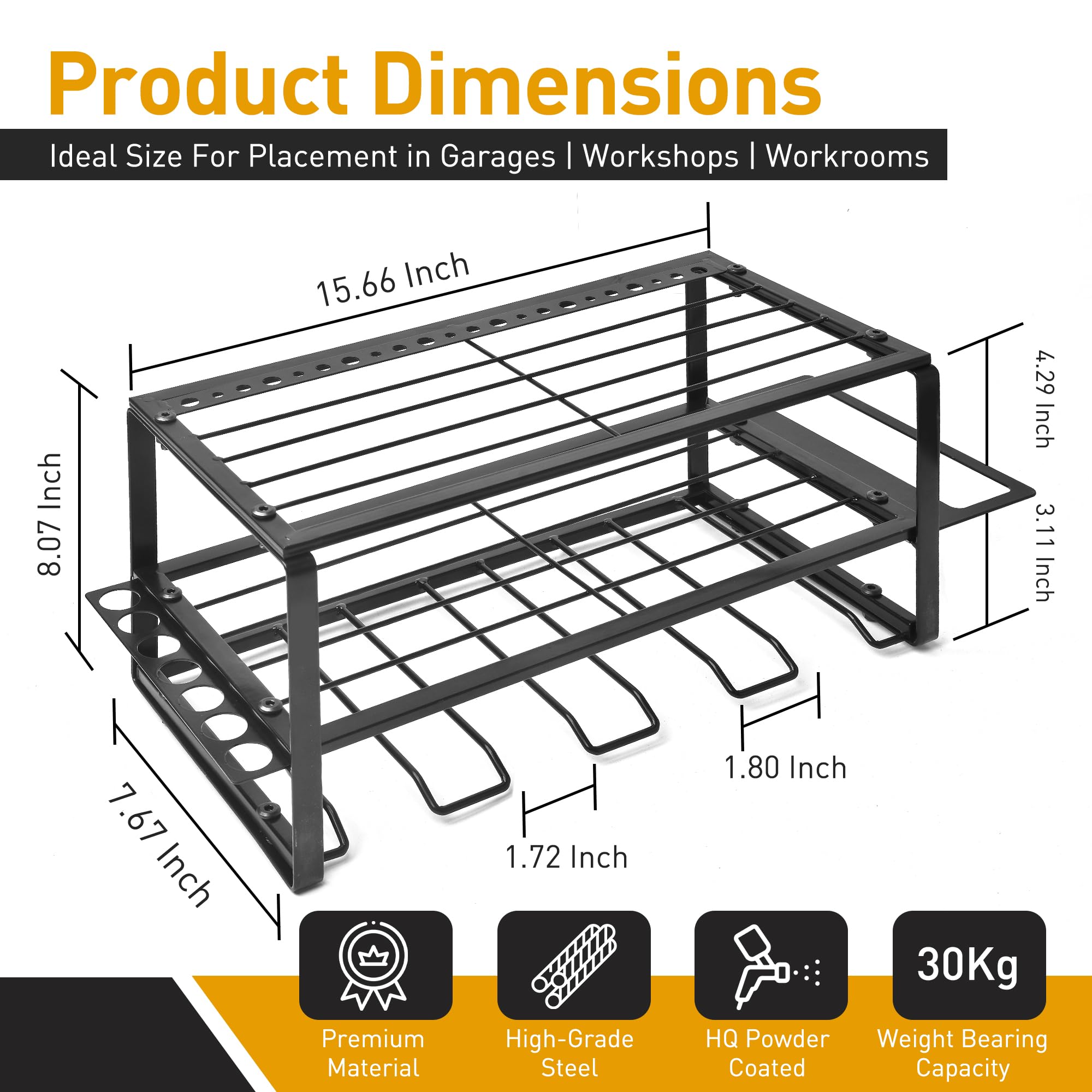 MoDinzo Power Tool Organizer, Alloy Steel Tool Storage Rack, Wall Mounted, 3 Layer Floating Shelf, 4 Drill Slots, Black