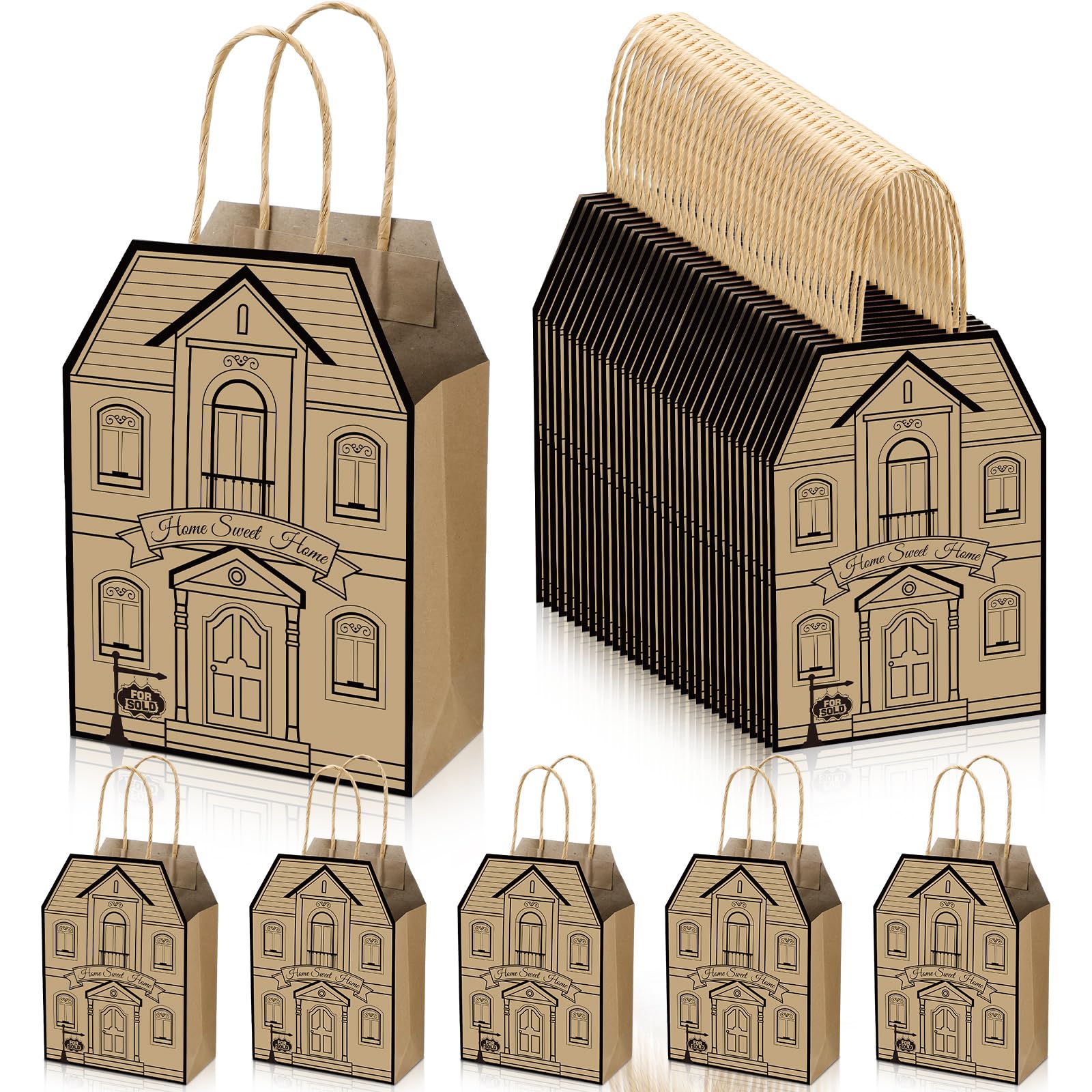 Colarr 50 Pcs Real Estate Agent Supplies House Shaped Gift Bag 5.25 x 3.25 x 8.25 Inch Real Estate Bag with Handles Kraft Real Estate Agent Gift Bags for Real Estate Favor Home Gift (Brown)