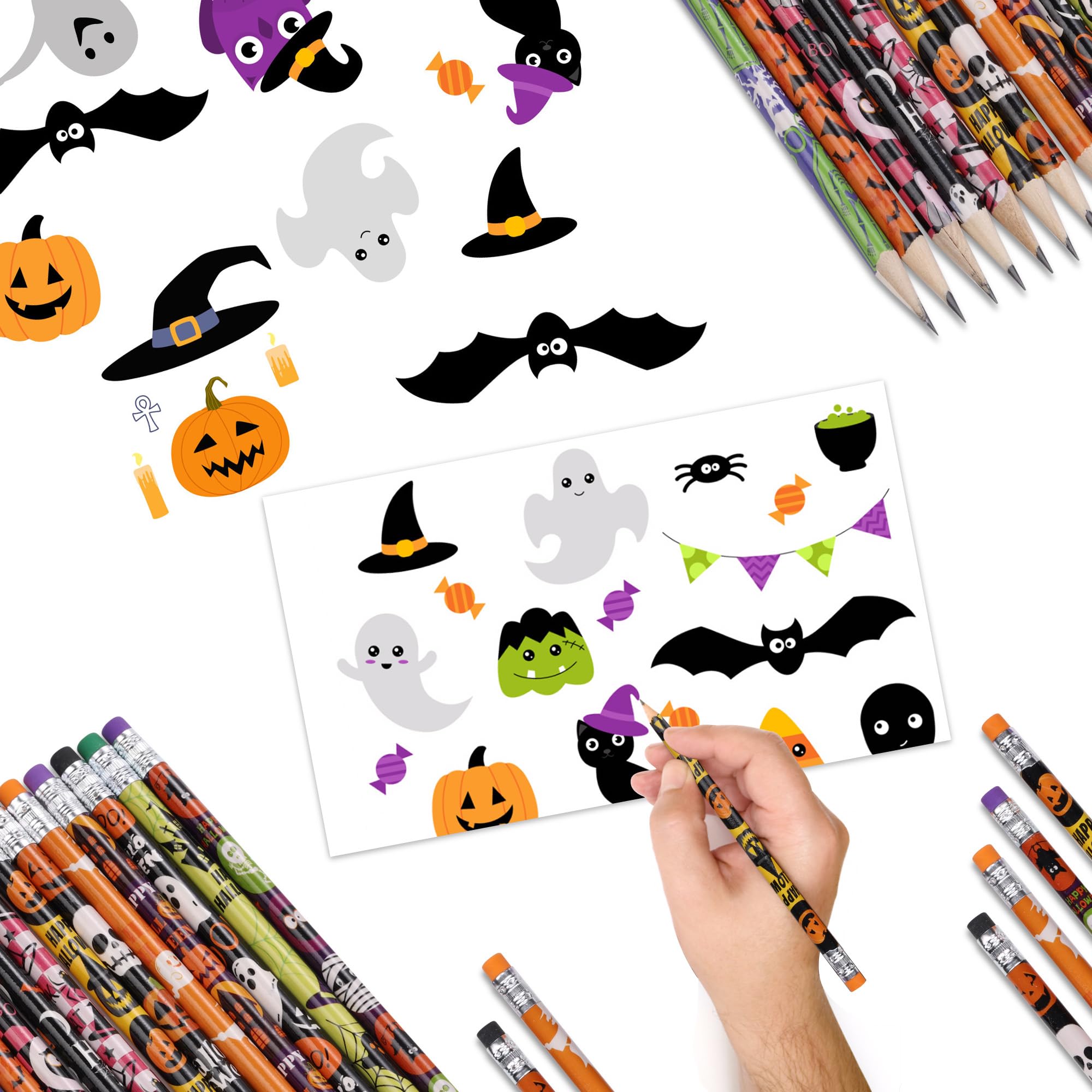 xutengy 72Pcs Halloween Pencils Stationery Party Favors Set， Halloween Themed Pencil Set Gifts Kit for Kids Halloween Party Supplies, Classroom Rewards, Trick or Treat Prizes