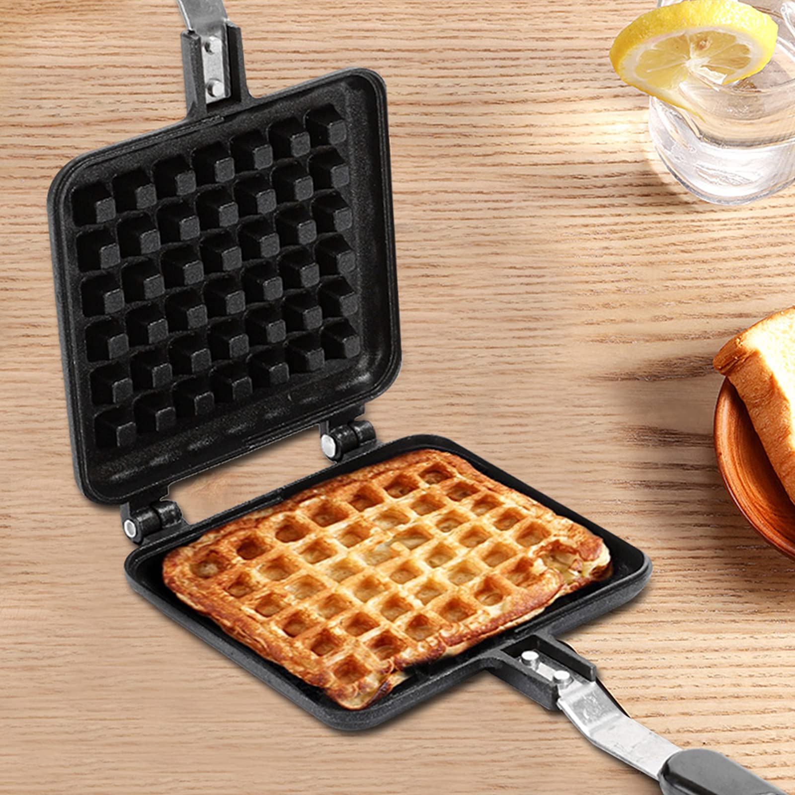 LEYSRIS Non-stick Double side Waffle Baking Mold, Portable Camping Waffle Pan Cookware Waffle Press Plate Cooking Baking Tool for Stovetop Campfire (11.8 x 5.7 x 1.2in)